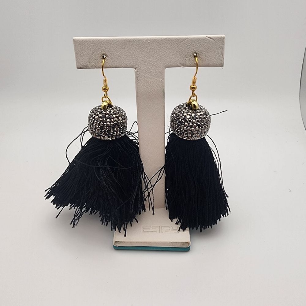 NWOT Molly Phillips Jacqueline Black Tassel & Rhinestone Earrings
